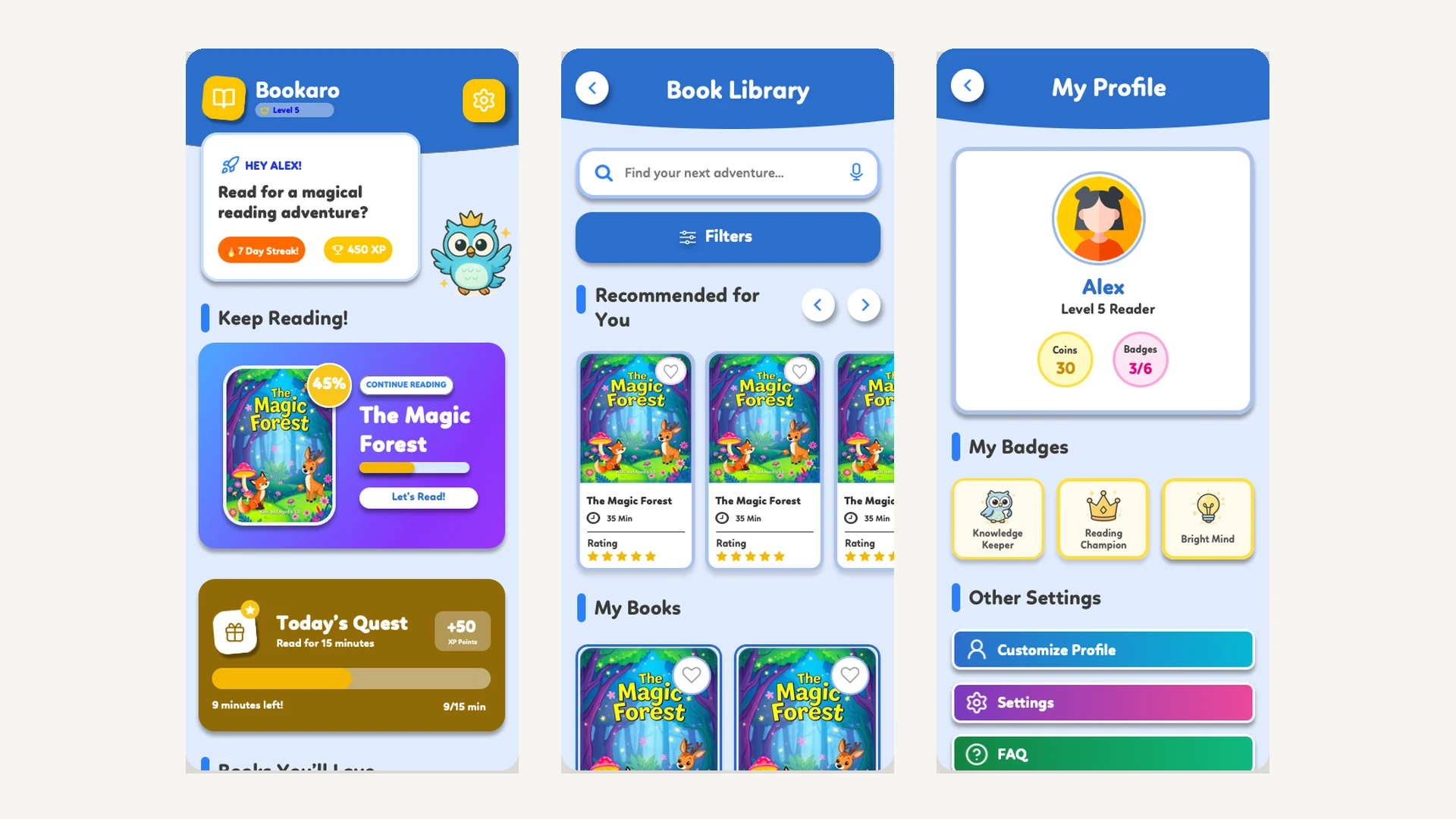 Three core navigation screens: home with Today's Quest and recommended books, the searchable book library, and the profile screen with badges earned and parental controls