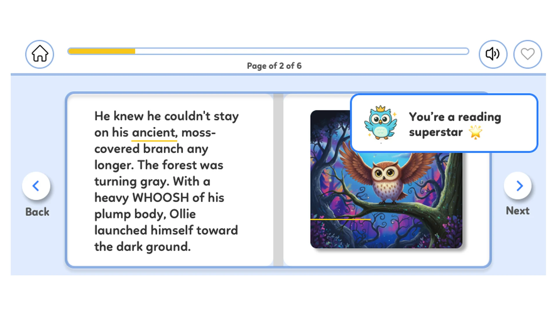 Reading screen mid-story with page progress along the top, illustrated scene on the right, and a mascot speech bubble praising the reader: the low-stakes encouragement loop