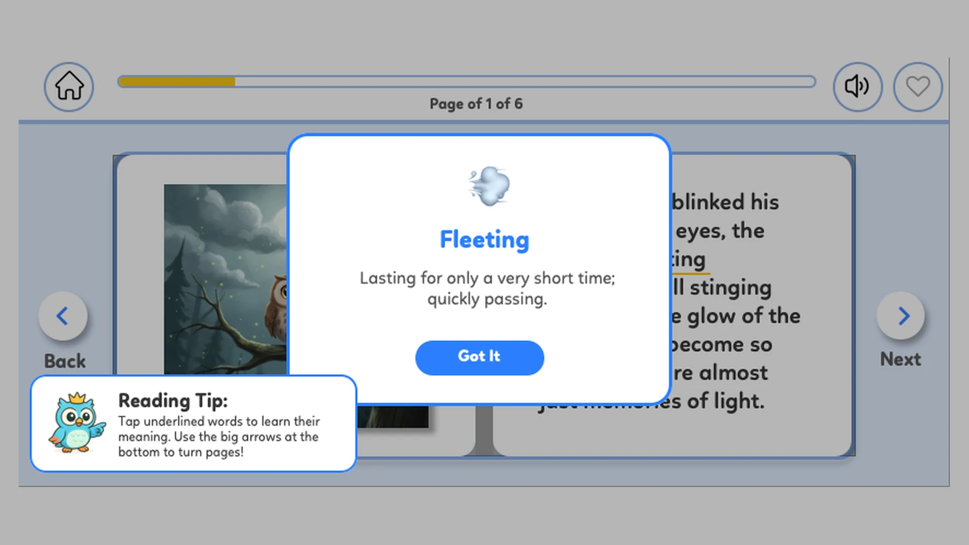 Reading screen with a tapped vocabulary word ("Fleeting") opening a child-readable definition card, alongside a persistent reading tip from the owl mascot explaining the interaction