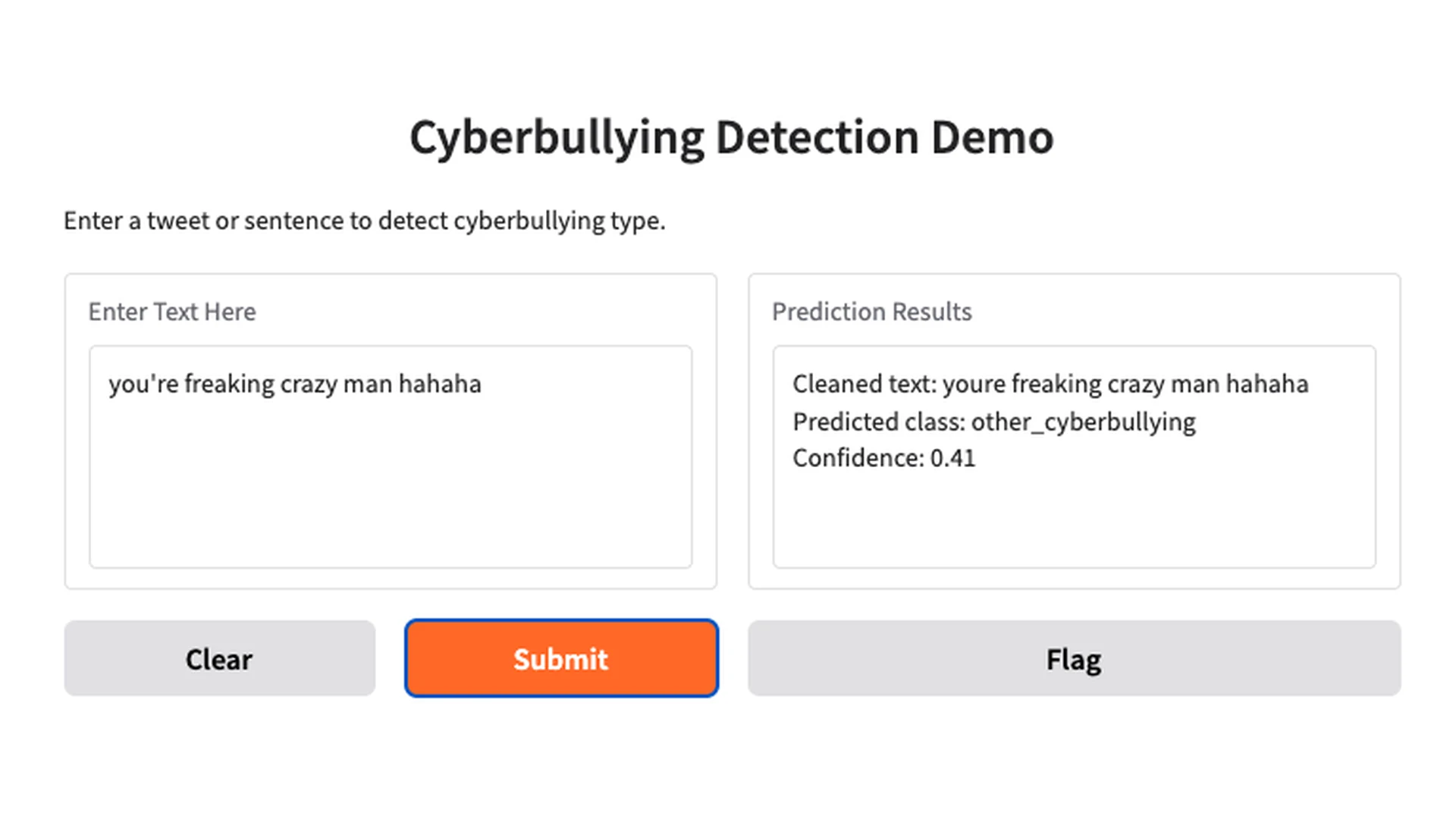 Interactive Gradio demo: free-text input returning the cleaned text, predicted class and a confidence score, with a flag control for disputed predictions