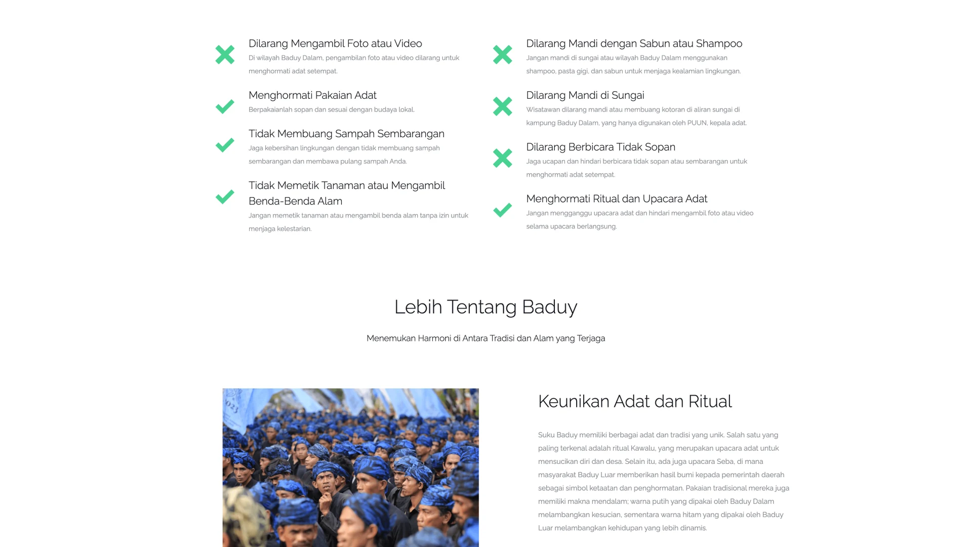 Cultural context page: visitor rules presented as a two-column do/don’t checklist, followed by an editorial section on Baduy customs and ritual