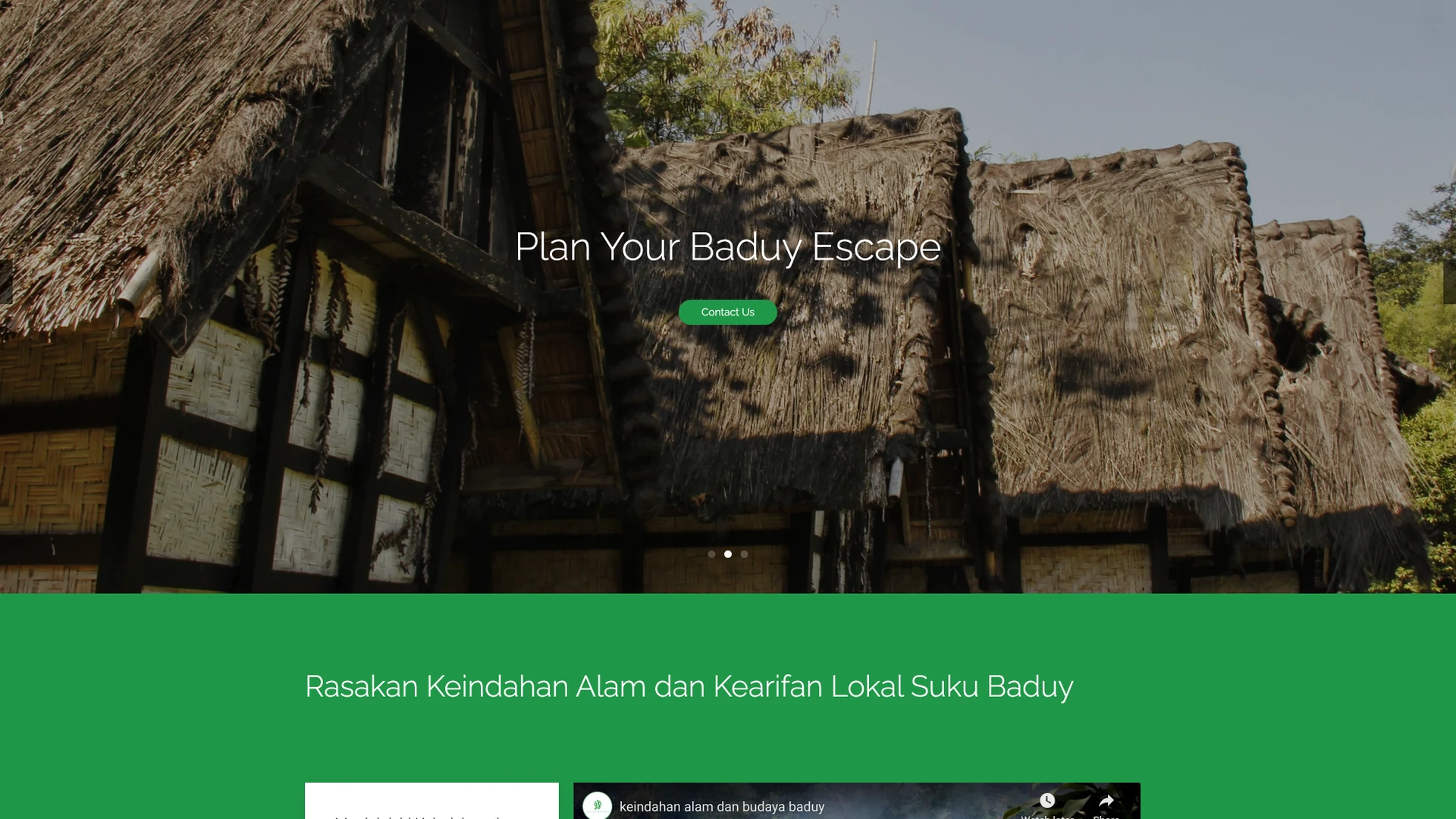 JejakBaduy homepage hero, full-bleed photography of a traditional Baduy dwelling with the trip enquiry call to action and an Indonesian-language value proposition beneath
