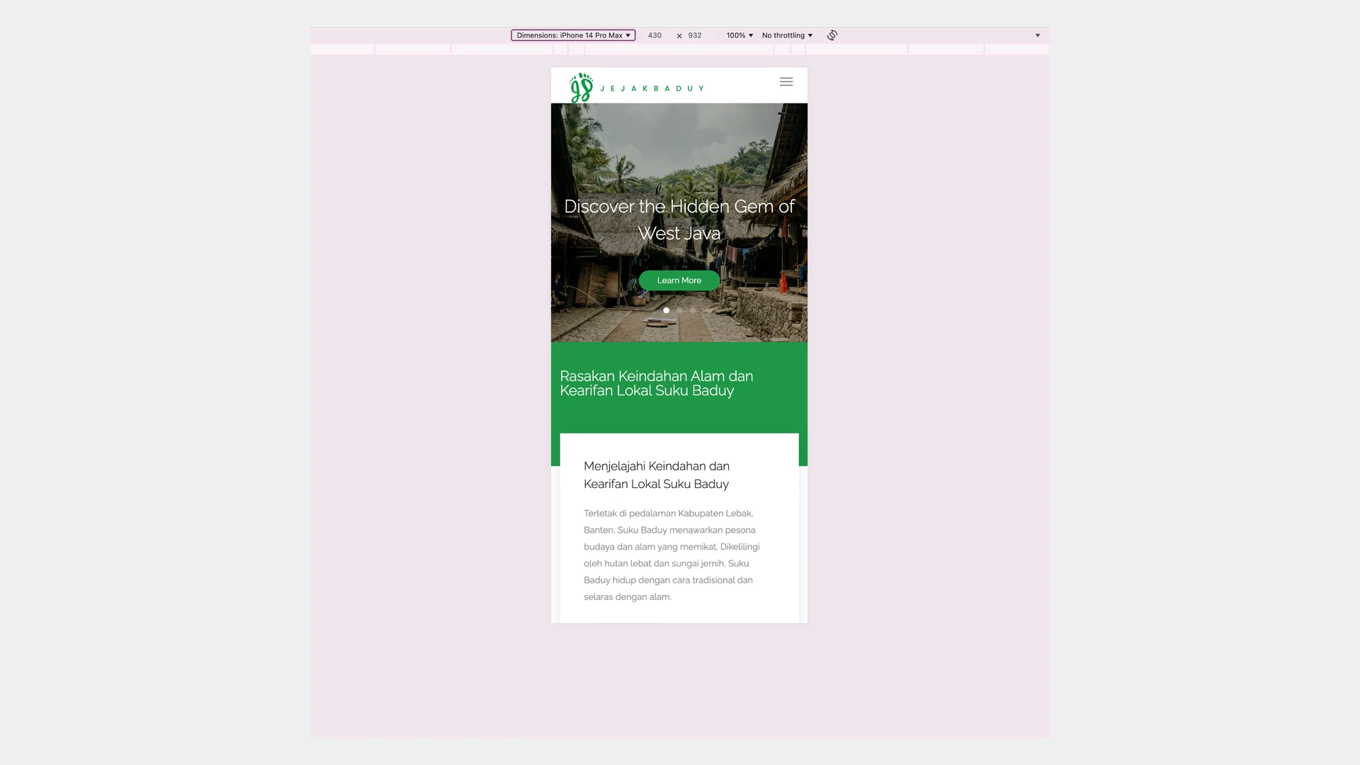 The homepage rendered at iPhone 14 Pro Max width in device emulation, showing the Bootstrap breakpoint behaviour and collapsed navigation