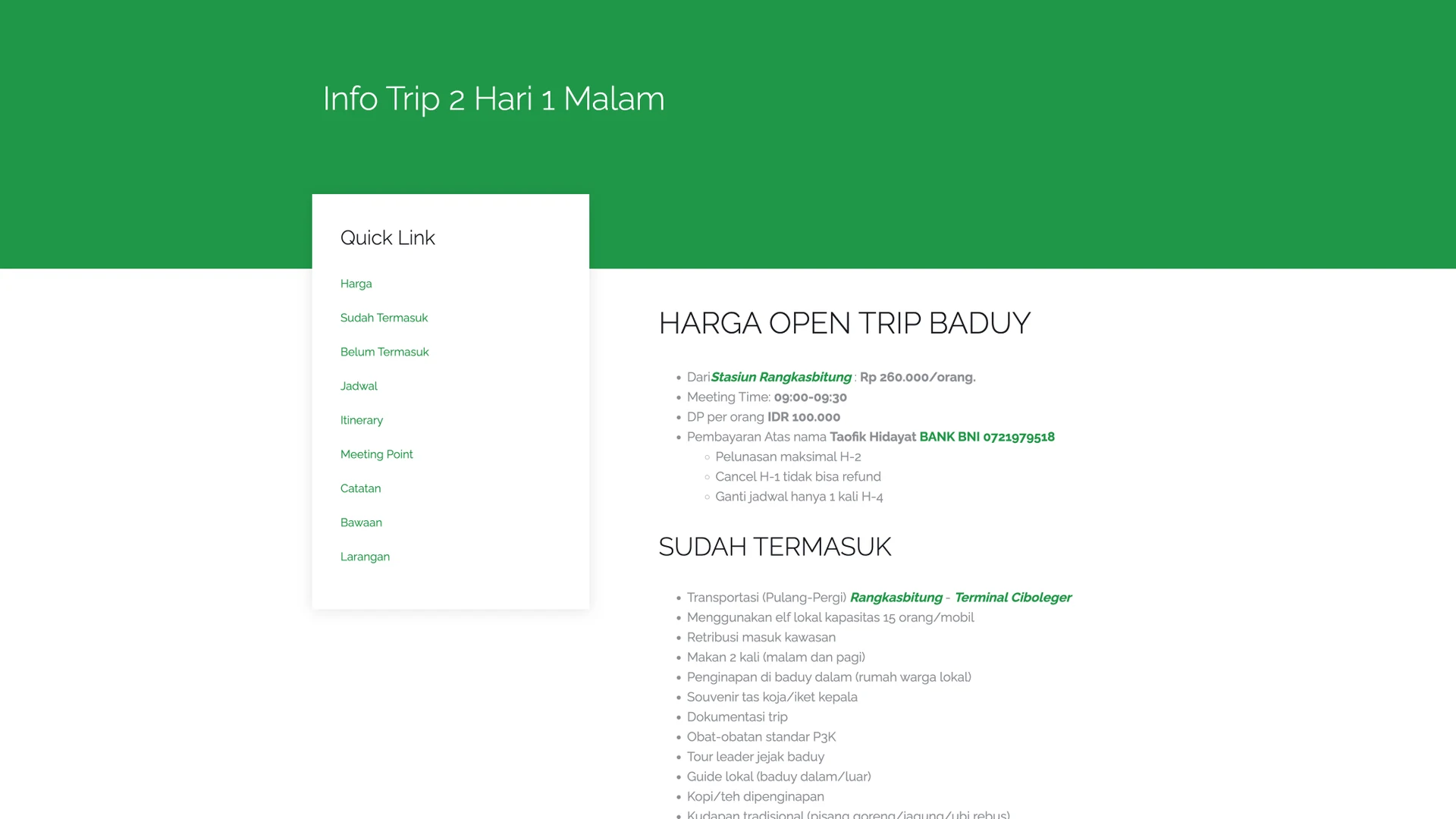 Open-trip package page: pricing, meeting point, and an itemised list of what the two-day/one-night trip includes, with a sticky quick-link sidebar for the longer page