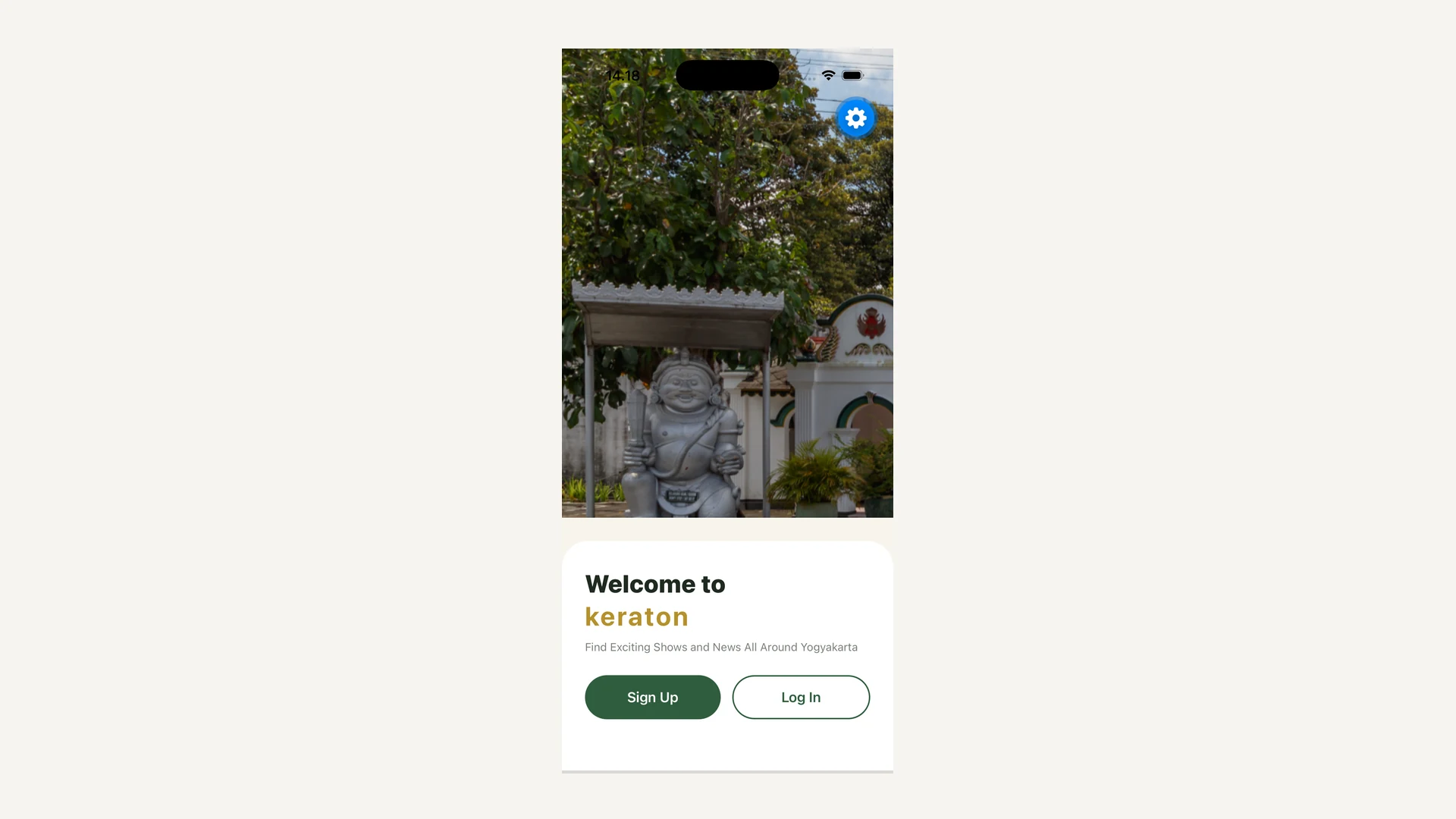 Welcome screen from the Keraton Figma design: full-bleed photography of the palace gate guardian statue behind a card carrying the wordmark, tagline and sign-up and log-in buttons