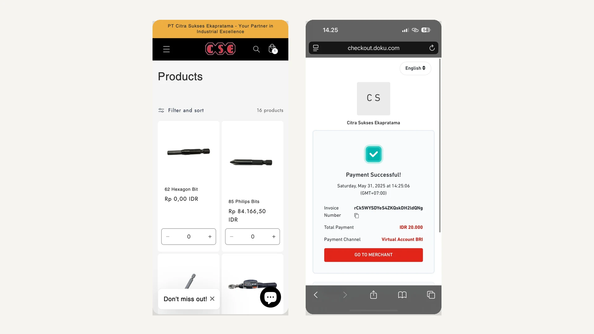 Mobile catalogue alongside a completed DOKU payment confirmation, the responsive layout and the payment-gateway integration at the end of the purchase path