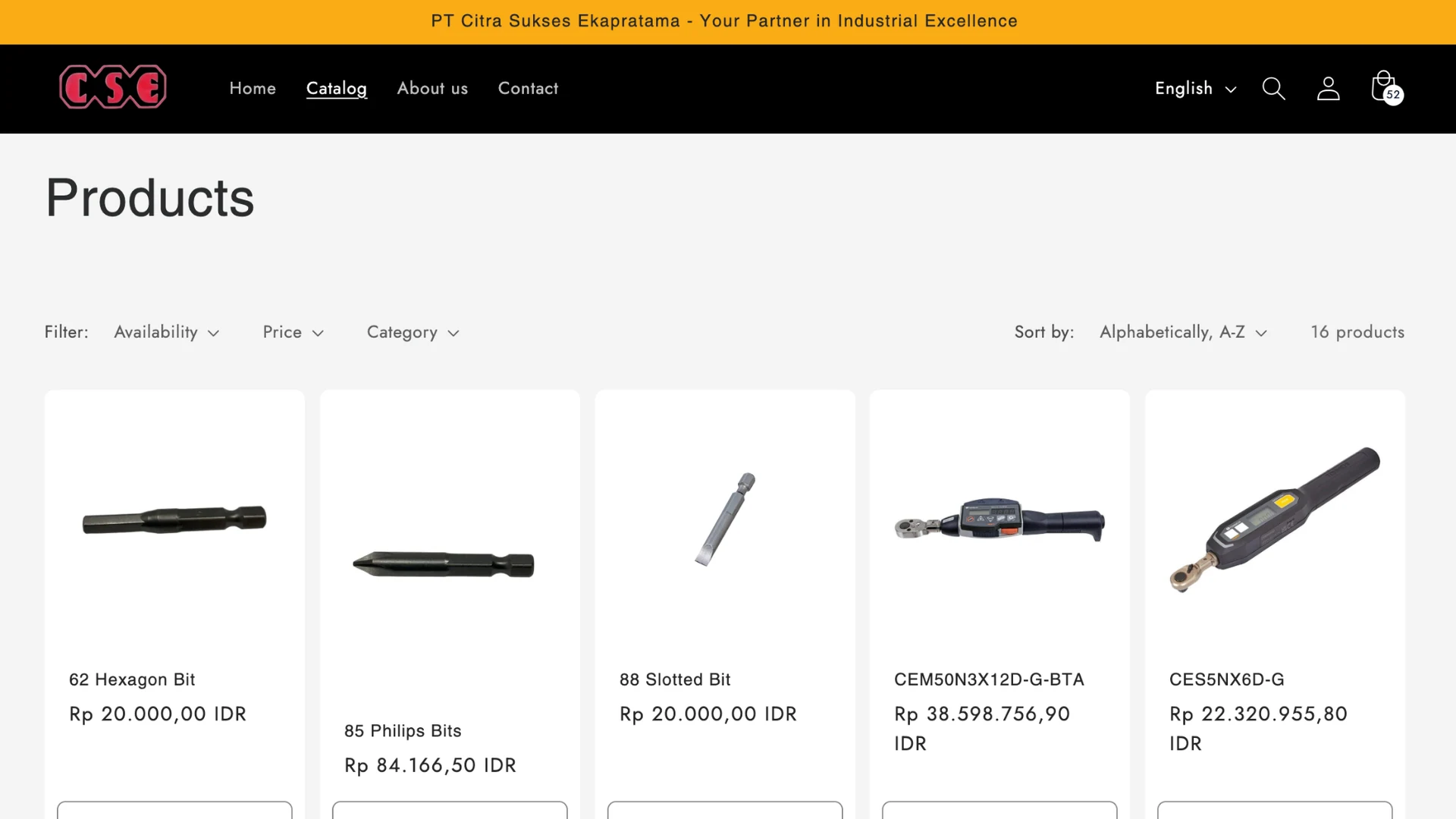 Catalogue page: 16 products in a filterable grid with availability, price and category filters and alphabetical sorting, priced in IDR
