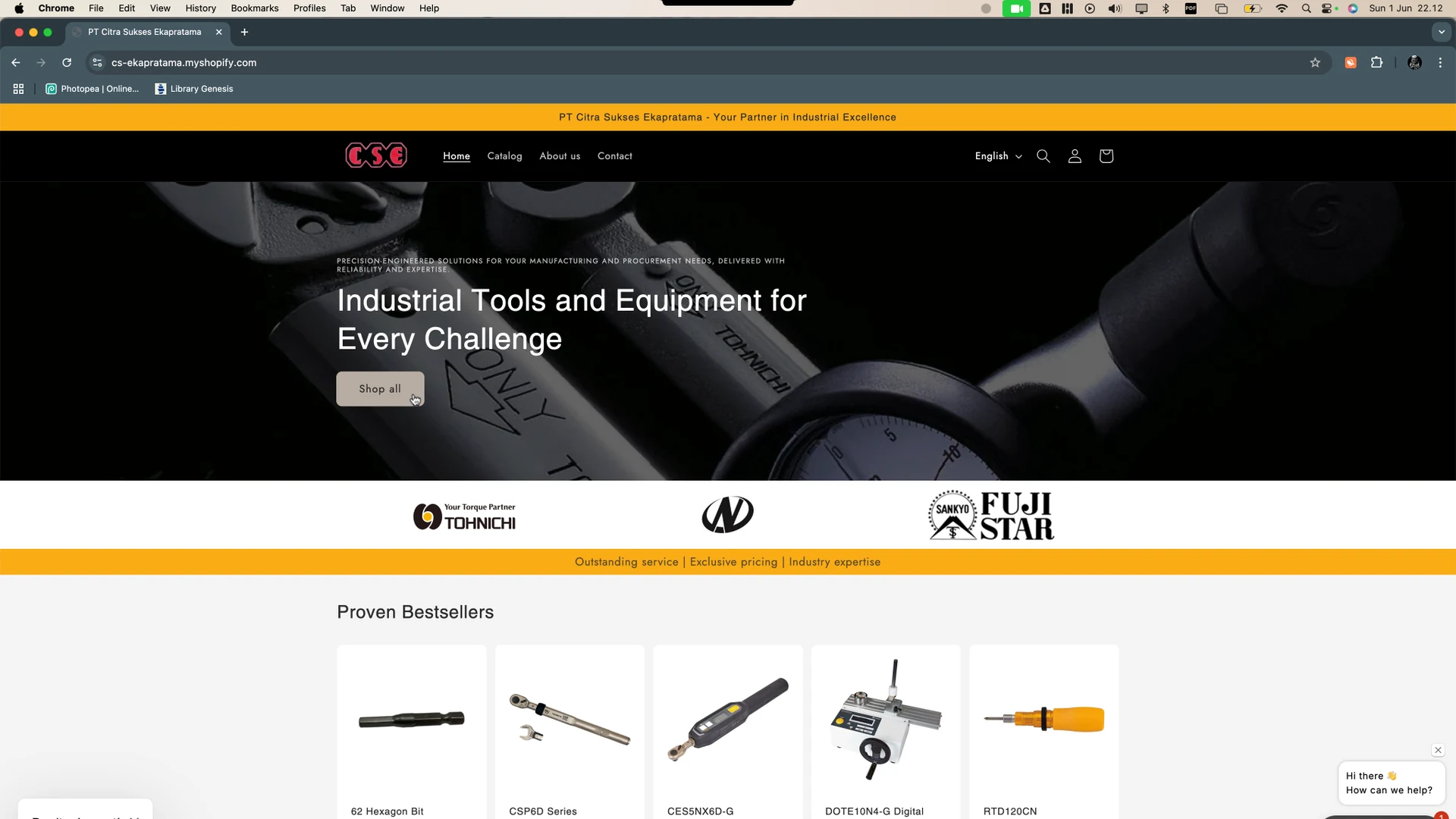 PT Citra Shopify storefront: hero banner with the industrial-tooling positioning, partner brand marks, and a proven-bestsellers product strip below the fold
