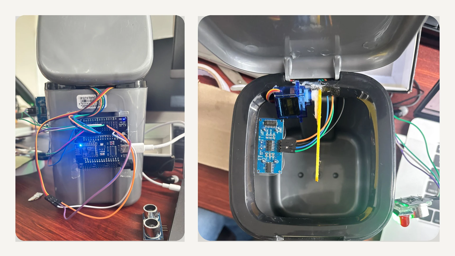 The build as assembled: ESP8266 NodeMCU and HC-SR04 ultrasonic sensors wired on a breadboard beside the bin, and the servo and wiring mounted inside the lid