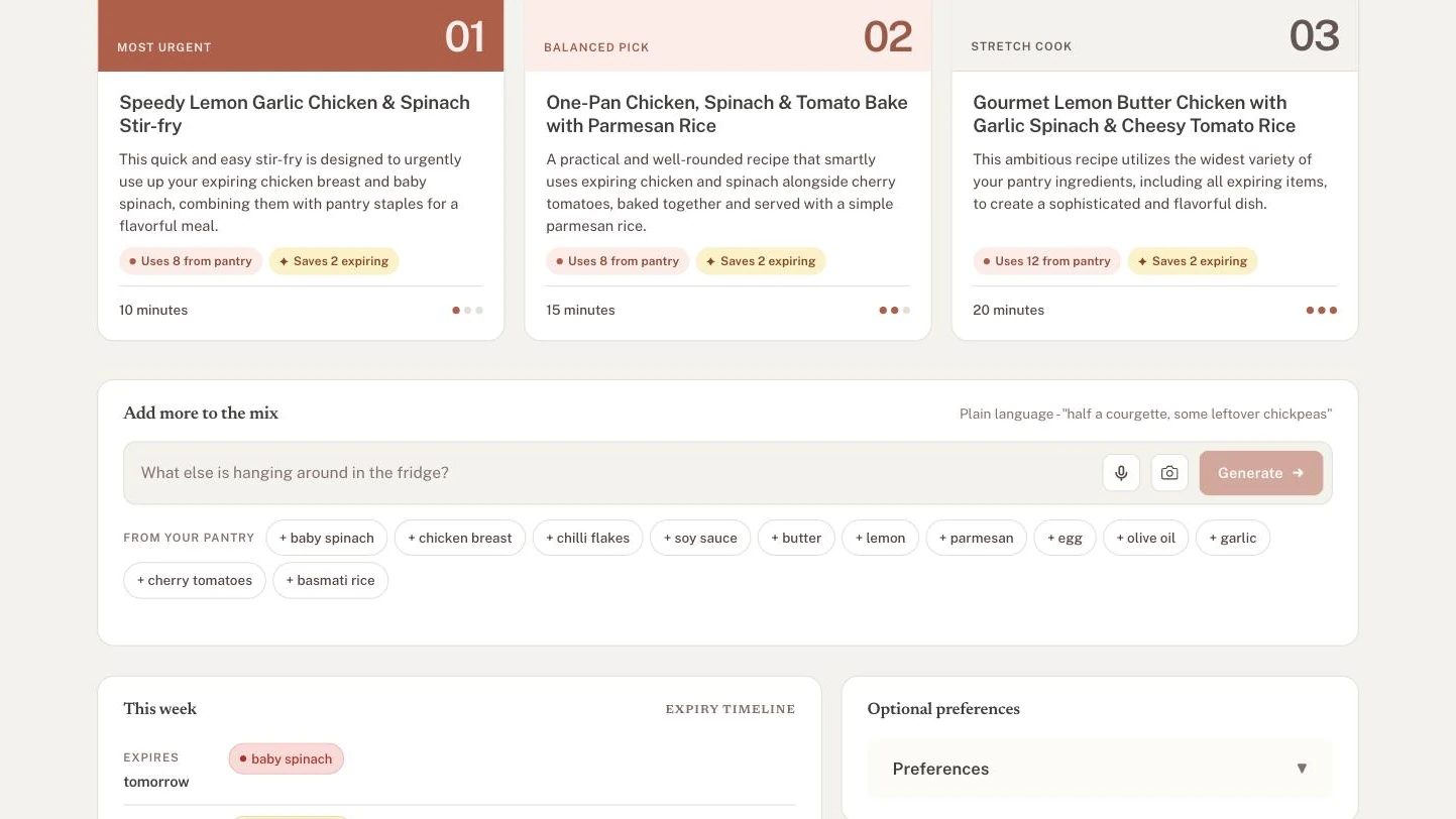 The three ranked suggestions, each carrying a plain-English rationale and “Uses 8 from pantry / Saves 2 expiring” badges, above a natural-language input that also accepts voice and camera entry plus one-tap pantry chips
