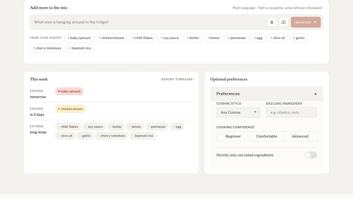 The weekly expiry timeline beside the optional preferences panel expanded: cuisine style, ingredient exclusions, cooking confidence and a strict pantry-only toggle, all collapsed by default