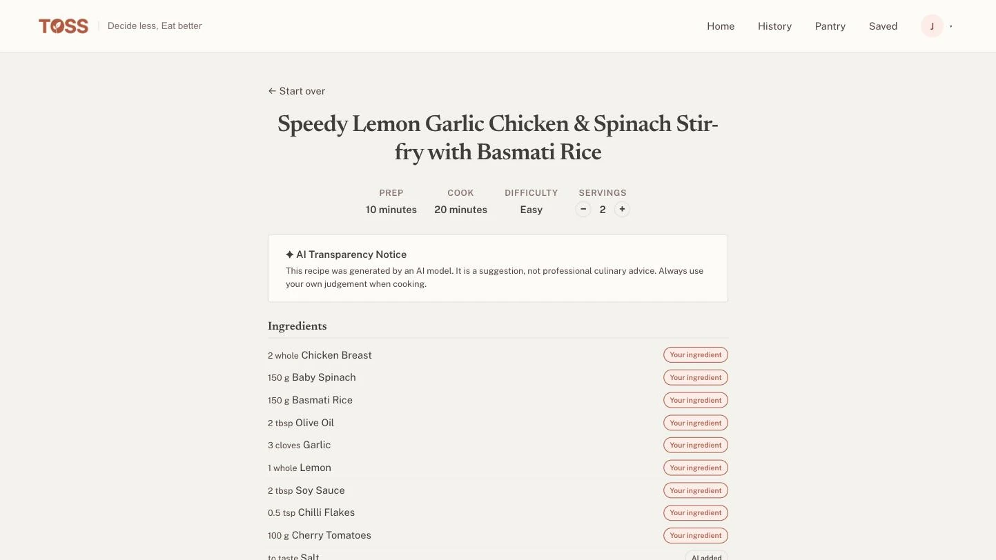 Generated recipe with an explicit AI Transparency Notice and every ingredient tagged as either “Your ingredient” or “AI added”, so the user can always see what the model introduced versus what they already had