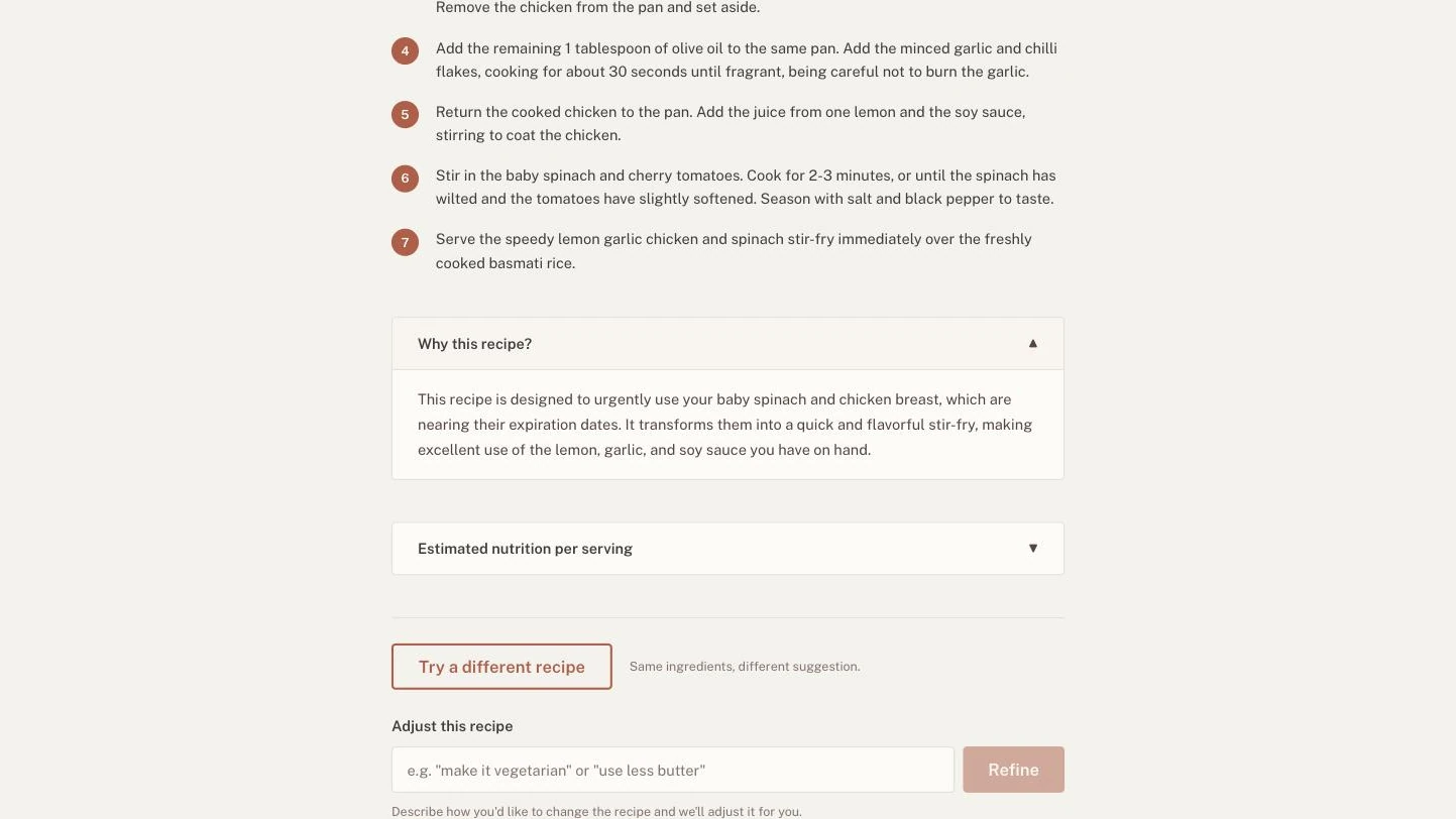 The reasoning panel expanded: the system states which expiring items it prioritised and why, followed by controls to regenerate or refine the recipe in plain language